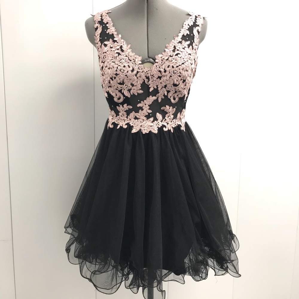 Black and Pink Floral Embroider Short Dress